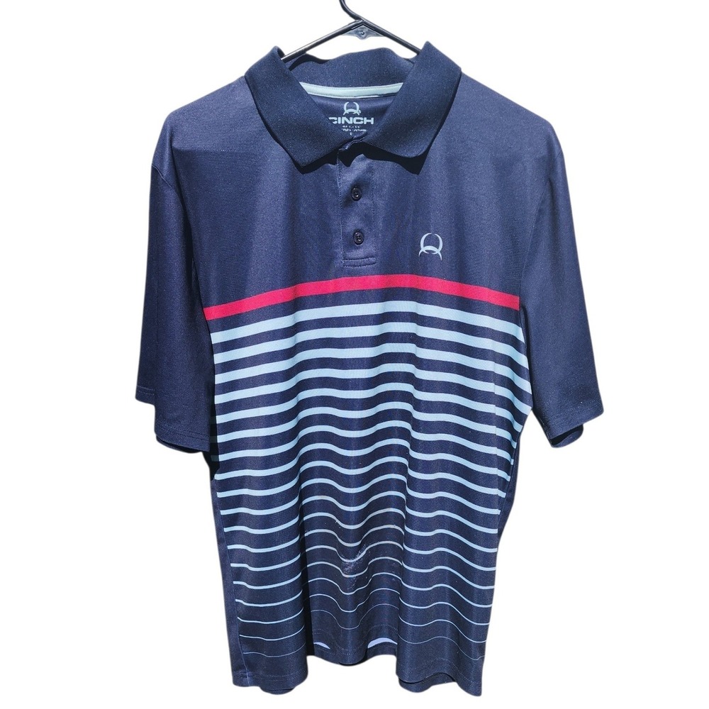 Cinch Mens Polo Shirt Large Navy Blue Striped Short Sleeve Western Performance